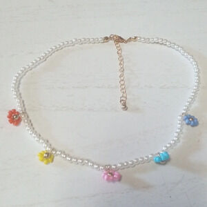 Floral Pearl Necklace with Multicolor Accents